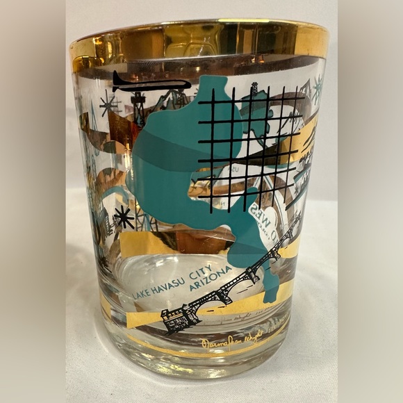 Rare Set of 5 MCM Norma Jean Wright 24k Gold & Turquoise Oil & Gas Bar Glasses - Picture 15 of 15